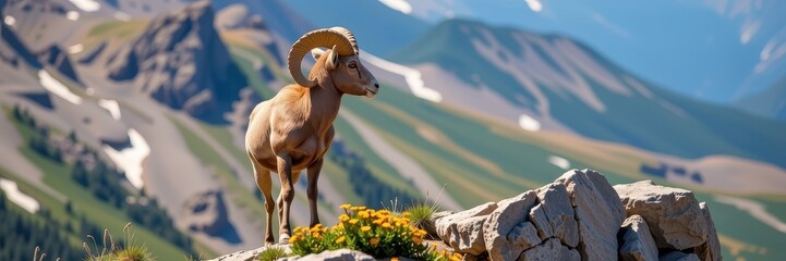 Obraz premium Majestic Rocky Mountain bighorn sheep ram surveys its alpine kingdom from a rocky outcrop, horns curving powerfully, animal, north america, landscape
