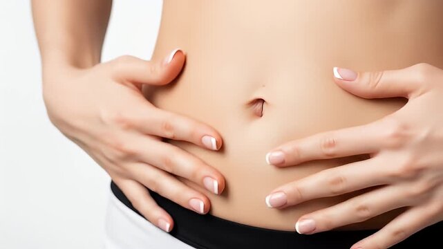 Close-up on a woman's toned abdomen with a hand gently touching her belly button