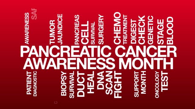 Pancreatic Cancer Awareness Month concept Animated Tag Word Cloud kinetic typography, Text Design Animation typography seamless loop video motion graphics Intro white type on blood red backdrop 