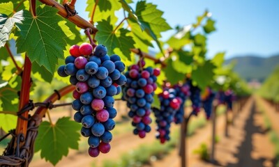 Fototapeta premium Sun-drenched bunches of grapes hang heavy on the vine, ready for harvest, fall harvest, seasonal
