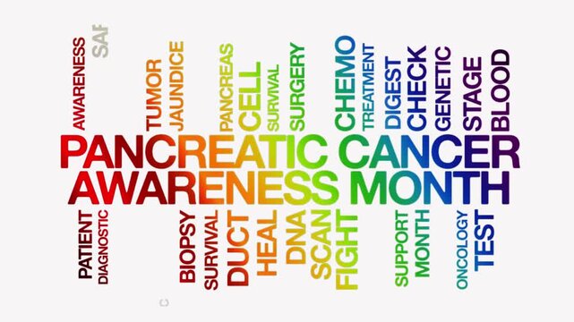 Pancreatic Cancer Awareness Month concept Animated Tag Word Cloud kinetic typography, Text Design Animation typography seamless loop video motion graphics Intro rainbow type on white bg background