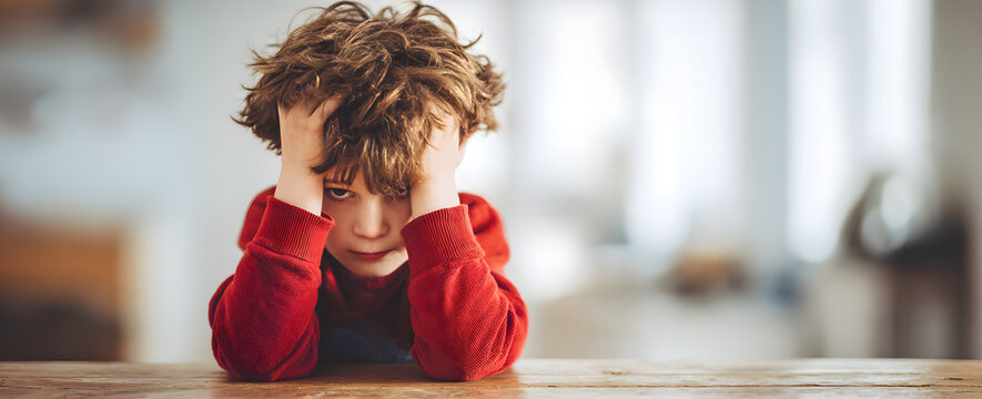 Close-up of a sad young boy in red long sleeves and blue jeans, seated at a desk with his head in his hands, expressing fear and emotional pain, blurred white background enhancing the feeling of strug