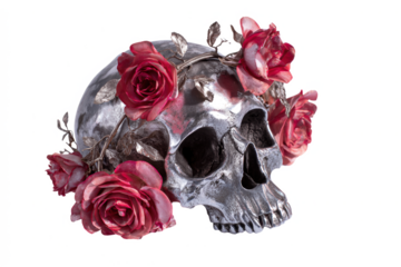 Silver skull adorned with red roses a gothic and macabre still life isolated on white background