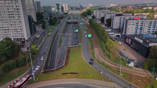 Katowice, Poland - 06 October 2025: Aerial view of Rondo Gen. J. Zietka and the Drogowa Trasa Srednicowa (DTS) with commuter traffic, highlighting road transport in Silesia