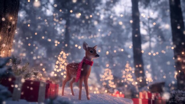 Cute fawn wearing a pink scarf in a magical snowy winter forest wonderland, adorned with festive string lights and wrapped holiday gifts.