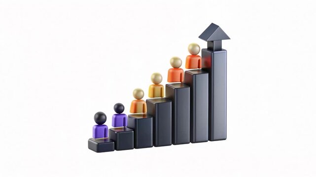Graphical representation of growth with figures ascending a bar chart.