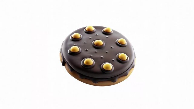 A round chocolate cookie with yellow dots placed evenly on top, showcasing a modern design and smooth texture.