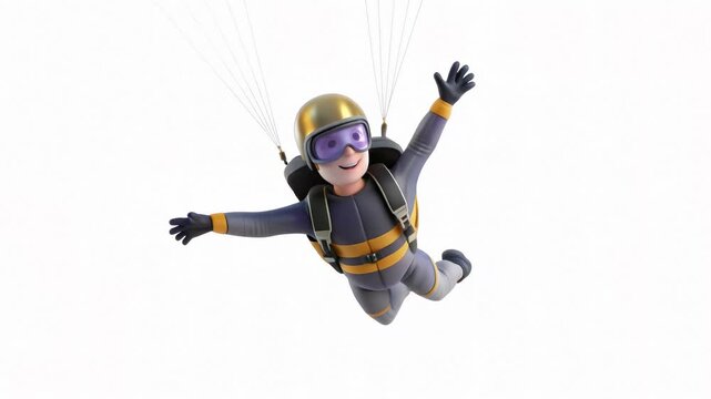 A cheerful cartoon skydiver in a black and yellow jumpsuit floats in the air with arms wide open, conveying a sense of fun and adventure.