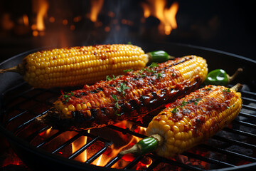 Grilled corn on the cob with spices over an open flame, showcasing a vibrant cooking scene (1)