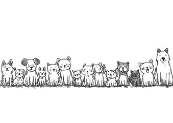 Fototapeta premium Whimsical group of hand drawn cats and dogs sitting in a row.
