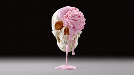 A skull with pink ice cream dripping from it. The skull is surrounded by a black background. The image has a creepy and unsettling mood