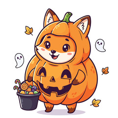 Cute Cartoon Fox Character Wearing a Pumpkin Costume 