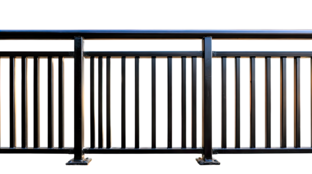 Transparent Png of a Black Metal Railing with Vertical Bars, a Modern Safety Barrier for Balconies or Stairs, Architectural Element Cutout, Sleek Design