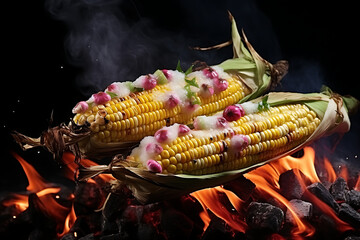 Grilled corn on the cob with toppings, sizzling over hot coals, evening barbecue scene