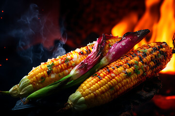 Grilled corn on the cob with spices and herbs, smoky background of a fire, perfect for food photography