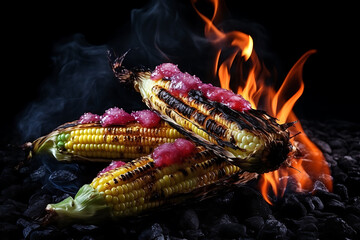 Grilled corn on the cob topped with vibrant salsa, surrounded by glowing flames and smoke