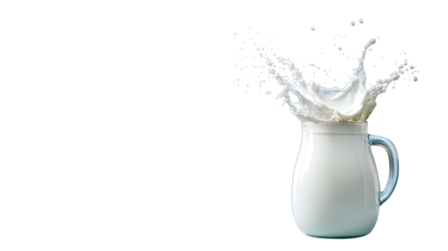 Transparent Png of Dynamic Milk Splash in a Clear Glass Pitcher, White Liquid Bursting Upwards with Droplets, Fresh and Energetic Beverage Moment