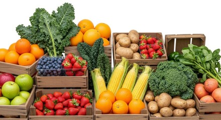 Abundant Fresh Farm Produce Display - Colorful Organic Vegetables and Fruits in Wooden Crates - Farmer's Market Collection Perfect for Healthy Nutrition, Organic Farming, and Sustainable Local Food So