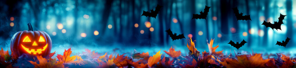 Glowing jack o lantern surrounded by autumn leaves and flying bats in misty dark forest Halloween night background with magical eerie atmosphere. Long banner. 