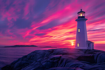 Golden hour sunset casting colorful hues across dramatic ocean cliffs and lighthouse by the sea