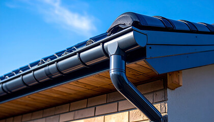 Close up of modern metal roof gutter system with sleek black design and tiled roof under blue sky