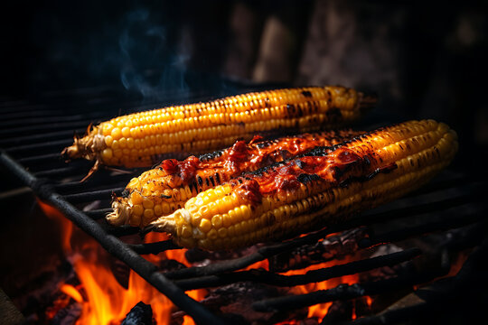 Grilled corn on the cob sizzling over an open flame with smoke rising in a rustic setting