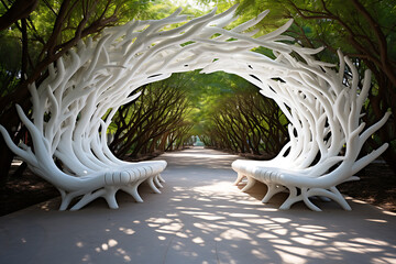 Artistic white sculpture archway surrounded by lush green trees in a serene outdoor park