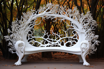 Artistic white bench resembling trees, set in a colorful autumn forest with fallen leaves