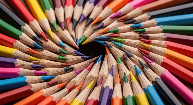 Vibrant Array of Colored Pencils Arranged in a Circular Pattern: A Captivating Display of Creativity, Artistic Tools, School Supplies, Rainbow Colors, and the Potential for Limitless Expression