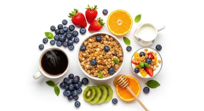 A nutritious breakfast spread featuring granola, fresh berries, kiwi, orange, yogurt, honey, milk, and coffee, representing healthy eating, balanced nutrition, and a vibrant start to the day.

