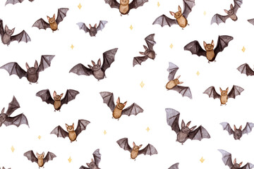 Fototapeta premium Watercolor bat pattern seamless spooky background with flying bats perfect for Halloween themed designs and decorations