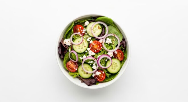 A bowl of fresh vegetable salad featuring cucumbers, cherry tomatoes, red onions, leafy greens, and feta cheese, representing healthy eating, nutrition, and the appeal of colorful, wholesome meals.

 - Powered by Adobe