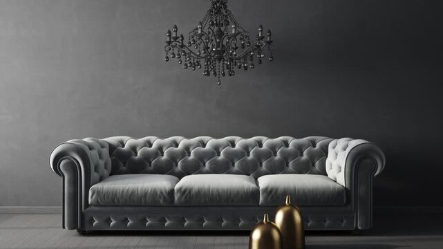 Modern design interior with grey sofa and black chandelier. 