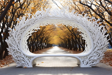 Artistic white bench archway surrounded by autumn trees on a serene pathway