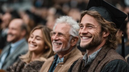 Smiling Graduate in Cap and Gown Surrounded by Family at University Graduation Ceremony, Celebrating Academic Achievement and Future Success