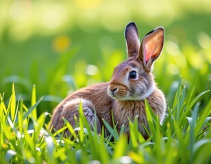 Fototapeta premium Adorable bunny rabbit with erect ears, sitting in lush green grass, gazing away from the camera, field, wildlife