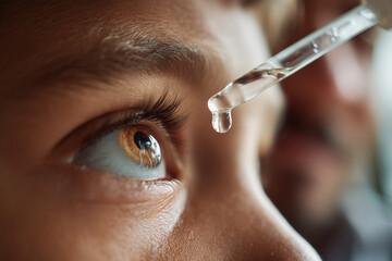 Macro close-up of amber eye receiving a precise droplet from a glass pipette - medical eyedrop application, vision care and ocular health concept