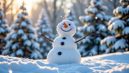 Charming snowman smiles amidst a snowy winter landscape, adorned with a carrot nose and twig arms. Sparkling snow covers the ground and trees, adorable, snowman, trees
