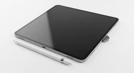 Modern tablet with a large black screen and a white stylus pen, displayed on a white background, perfect for digital art, productivity, business, creative work, and contemporary technology concepts.

