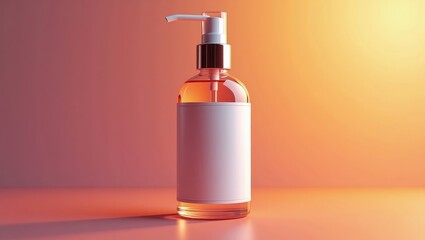 Naklejka premium Transparent glass bottle with a pump dispenser, containing a liquid substance, is placed on a reflective surface with a blank label for product branding.
