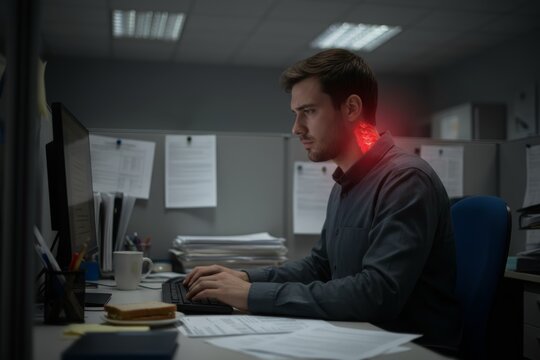 Young caucasian male experiencing neck pain in office setting.