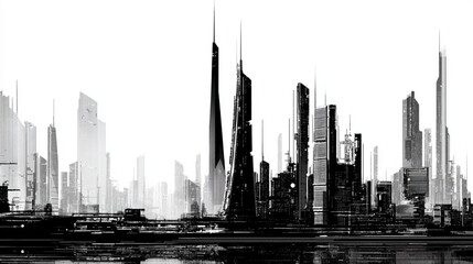 Fototapeta premium Monochrome illustration of a modern metropolis with futuristic architecture.