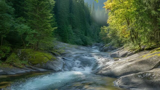 Sunbeams illuminate a flowing river through a lush green forest with moss-covered rocks stream water