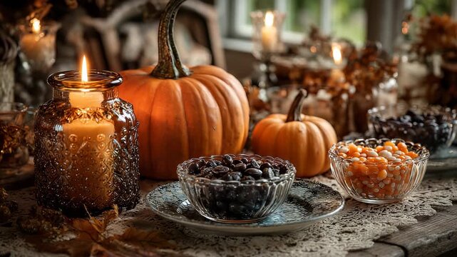 Autumn Still Life with Pumpkins, Candy Corn, Chocolate Covered Coffee Beans, and Candlelight for Thanksgiving or Halloween