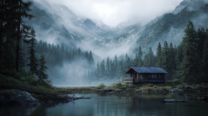 Fototapeta premium small wooden cabin by the lake