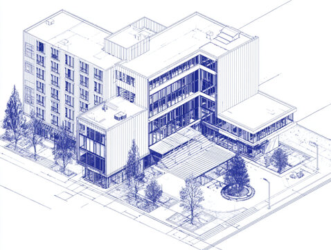 Isometric architectural blueprint drawing of a modern mixed-use building complex.