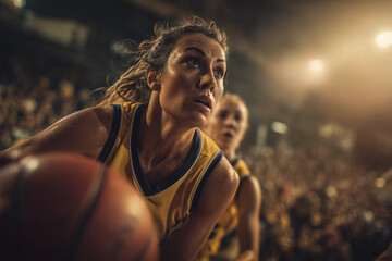 Intense close-up of a determined female basketball player driving to the hoop, sweating and focused under arena lights in a packed game