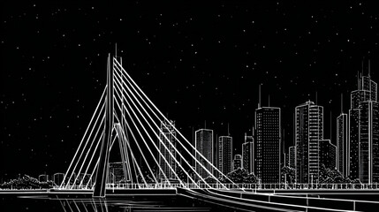 Obraz premium Architectural line art illustration of a modern cable stayed bridge.