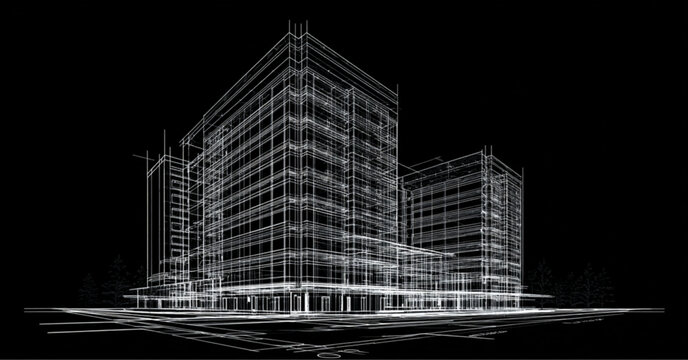 Architectural wireframe model of a modern office building complex.