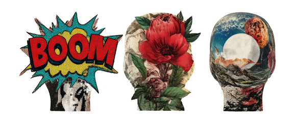 Retro Cutout Collage of Artful Designs with Colorful Elements and Objects